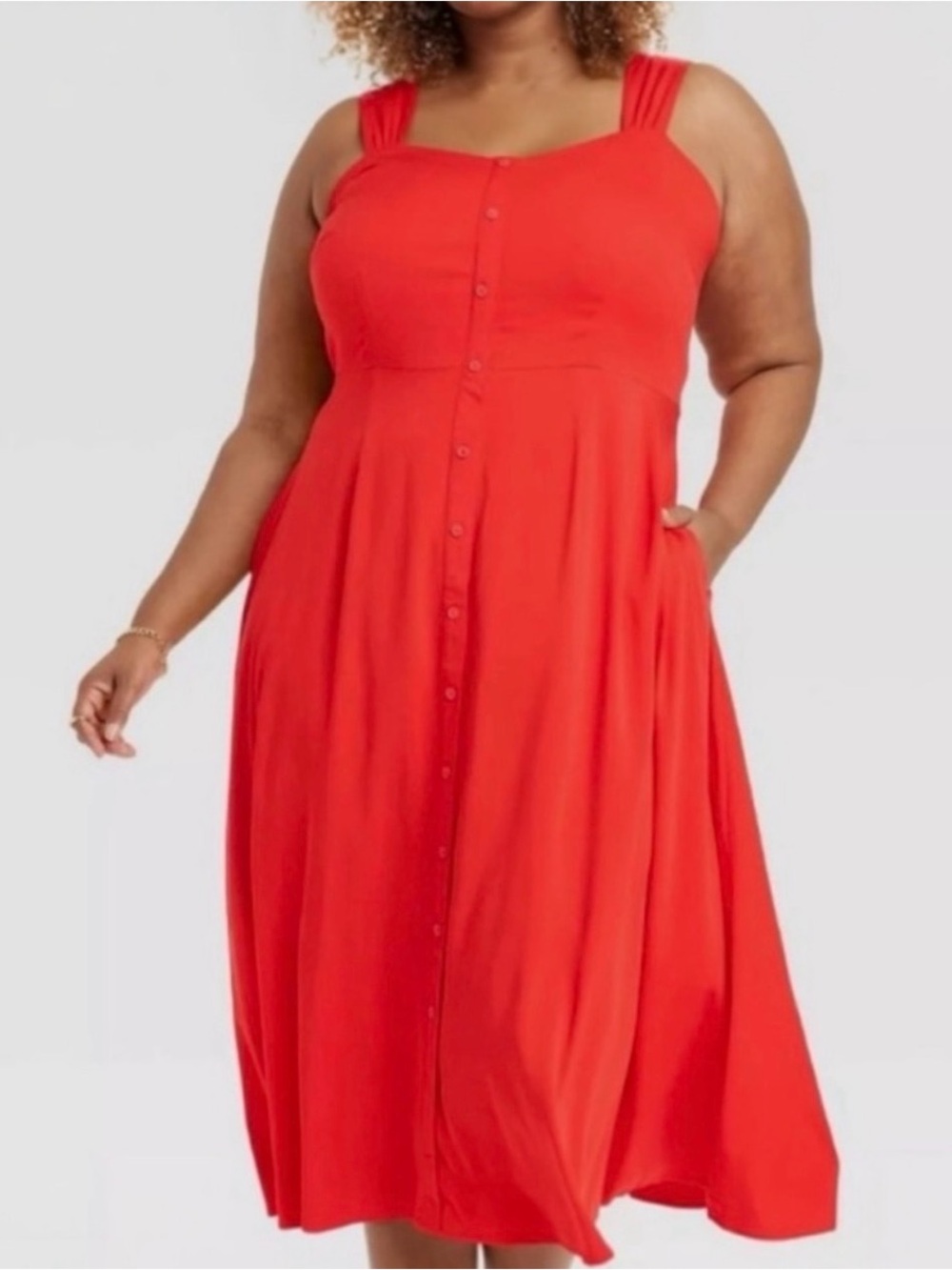Ava & Viv Bright Red Button-Down Midi Trapeze Dress 3X